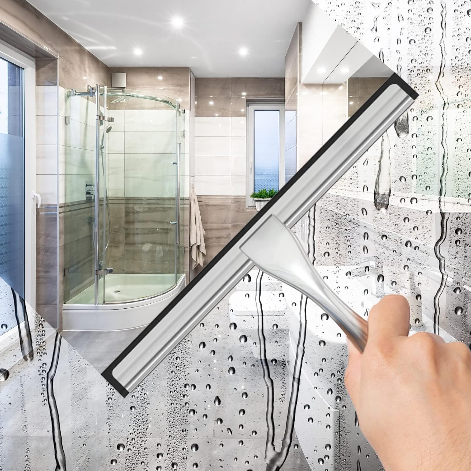 Silver 10in Stainless Steel Squeegee Adhesive Hooks Shower Glass Window Bathroom