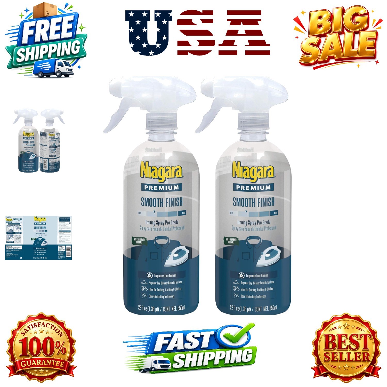 Spray Starch 22 Oz, 2 Pack Trigger Pump Liquid Starch for Ironing, Non-Aeroso…