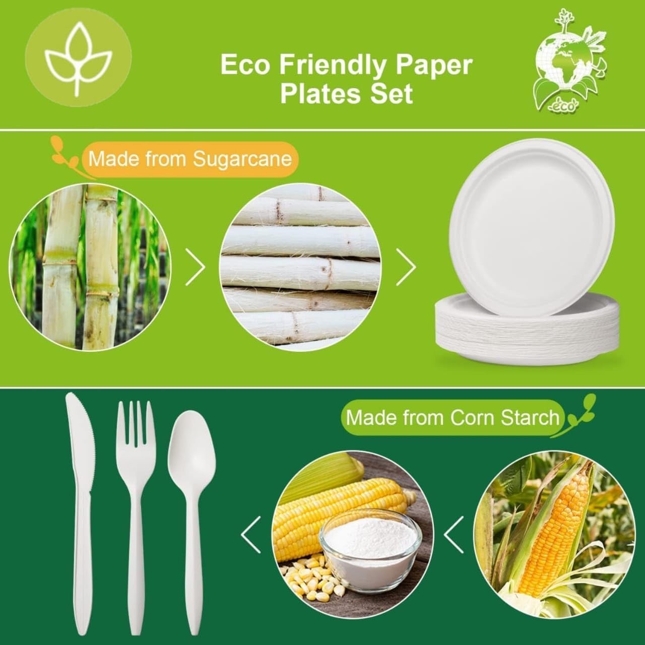 250 PCS Compostable Paper Plates and Utensils Set (EXTRA LONG), White Microwav