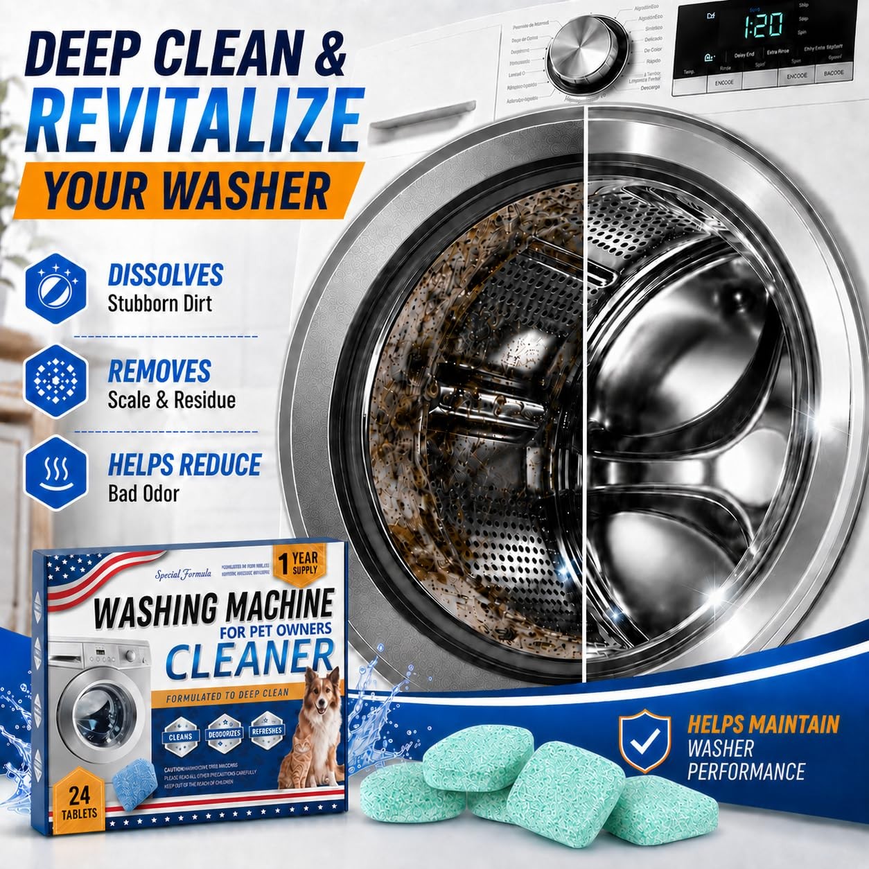 24 Pack Washing Machine Cleaner Tablets – Special Formula for Pet Owners, Remove