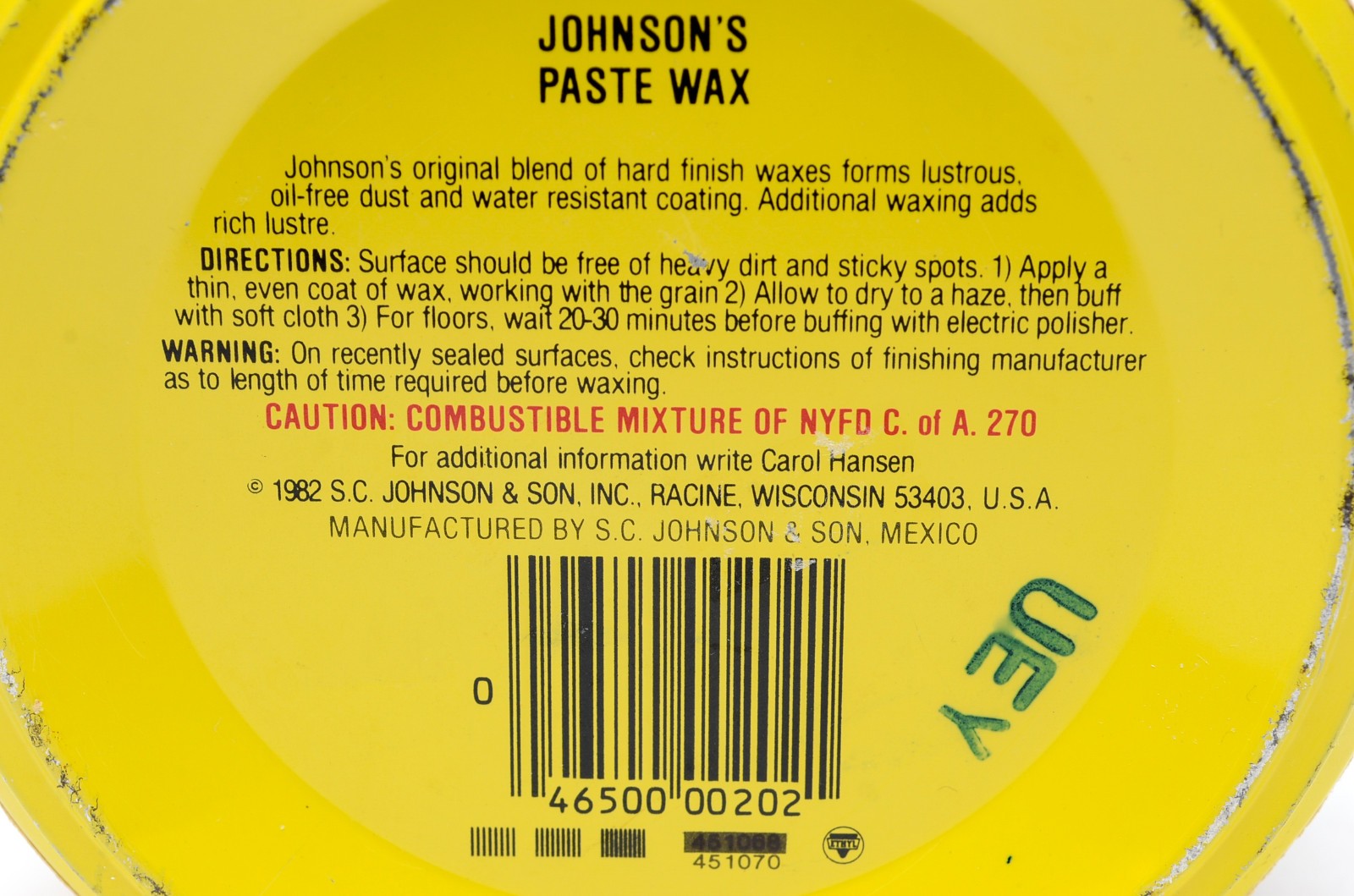Johnson Paste Wax Original Formula 1 lb Metal Tin 1982 Nearly Full Discontinued