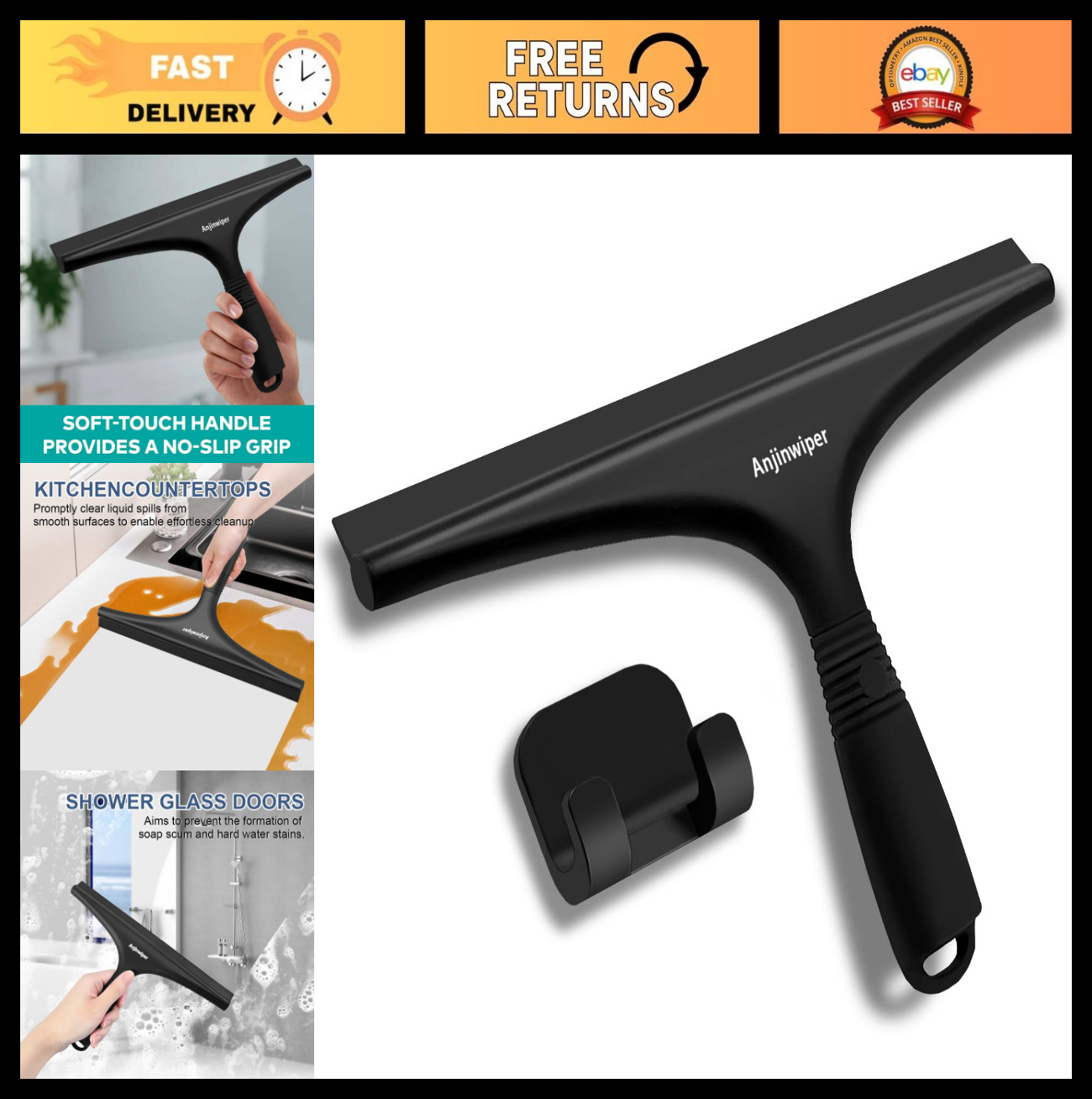 Shower Squeegee with Hook – Streak-Free Glass & Tile Cleaner Tool for Bathroom,