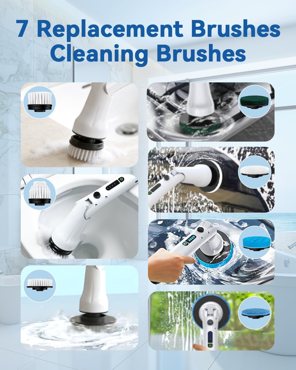 Electric Spin Scrubber, Hillyfe Bathroom Scrubber Electric with 7 Replaceable Br
