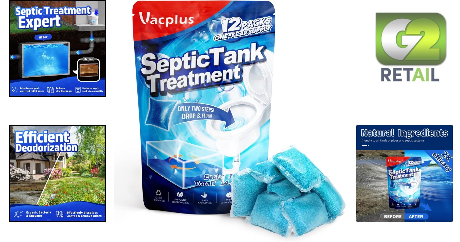 Septic Tank System Treatment Pods – 12 Dissolving Packets | Enzyme-Producing Liv