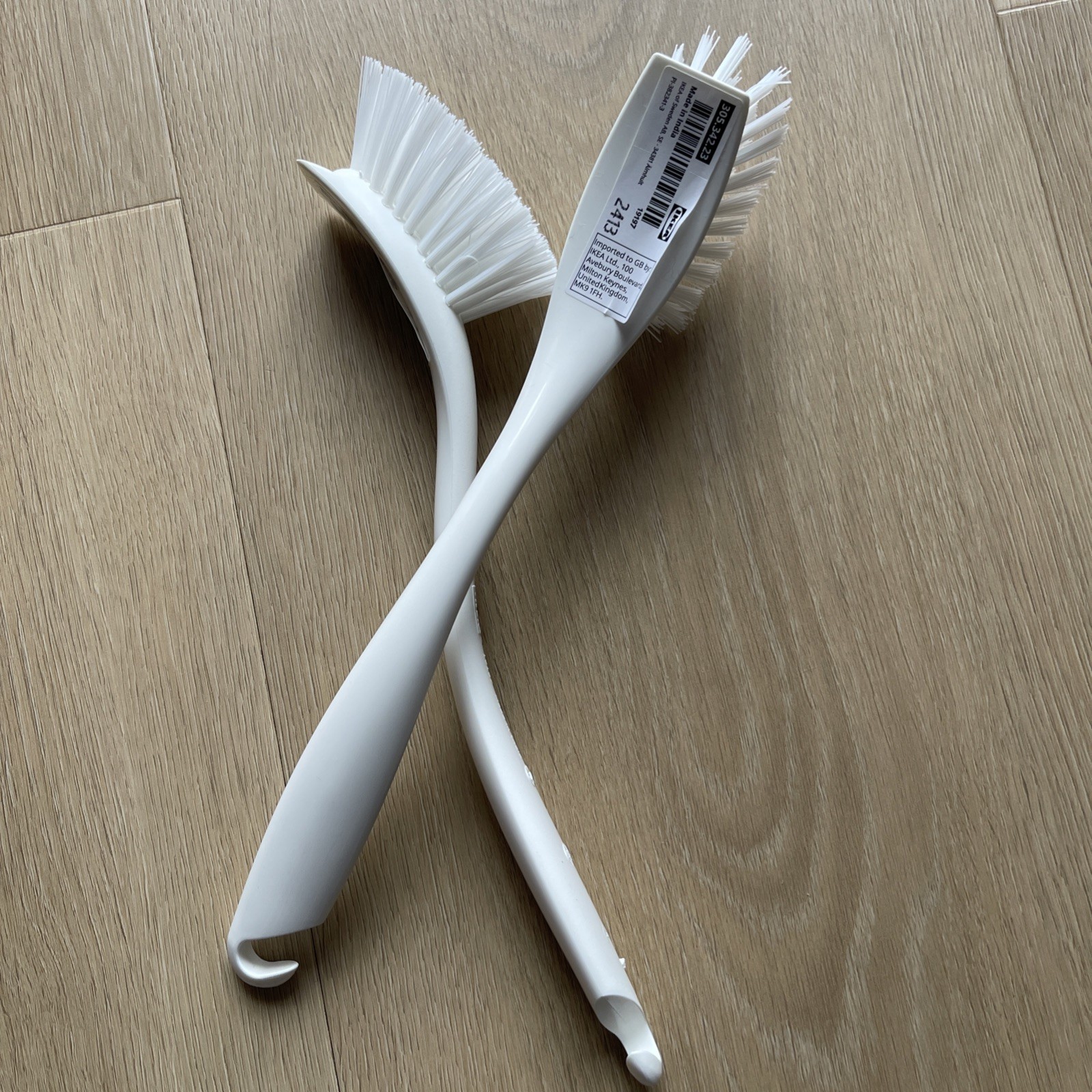 Two white IKEA Hook Cleaning Washing Scrub Brushes-Safe For Nonstick Cookware