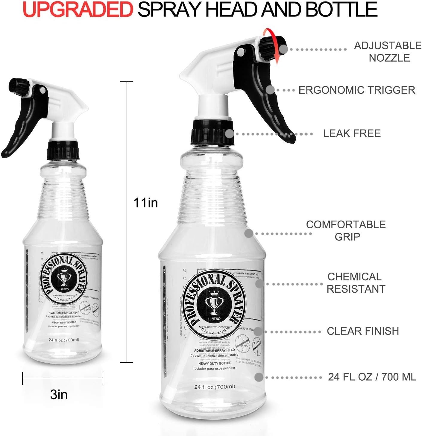 Plastic Spray Bottles 24oz 3 Pack Heavy Duty Mist Sprayer for Cleaning Car Detai