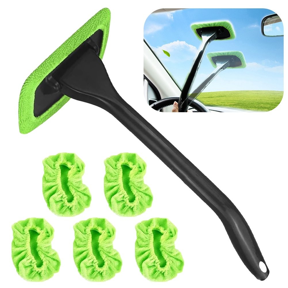 CAR WINDOW CLEANER WINDSHIELD CLEANING WAND TOOL ROTABLE HEAD W/ 5 REUSABLE PADS