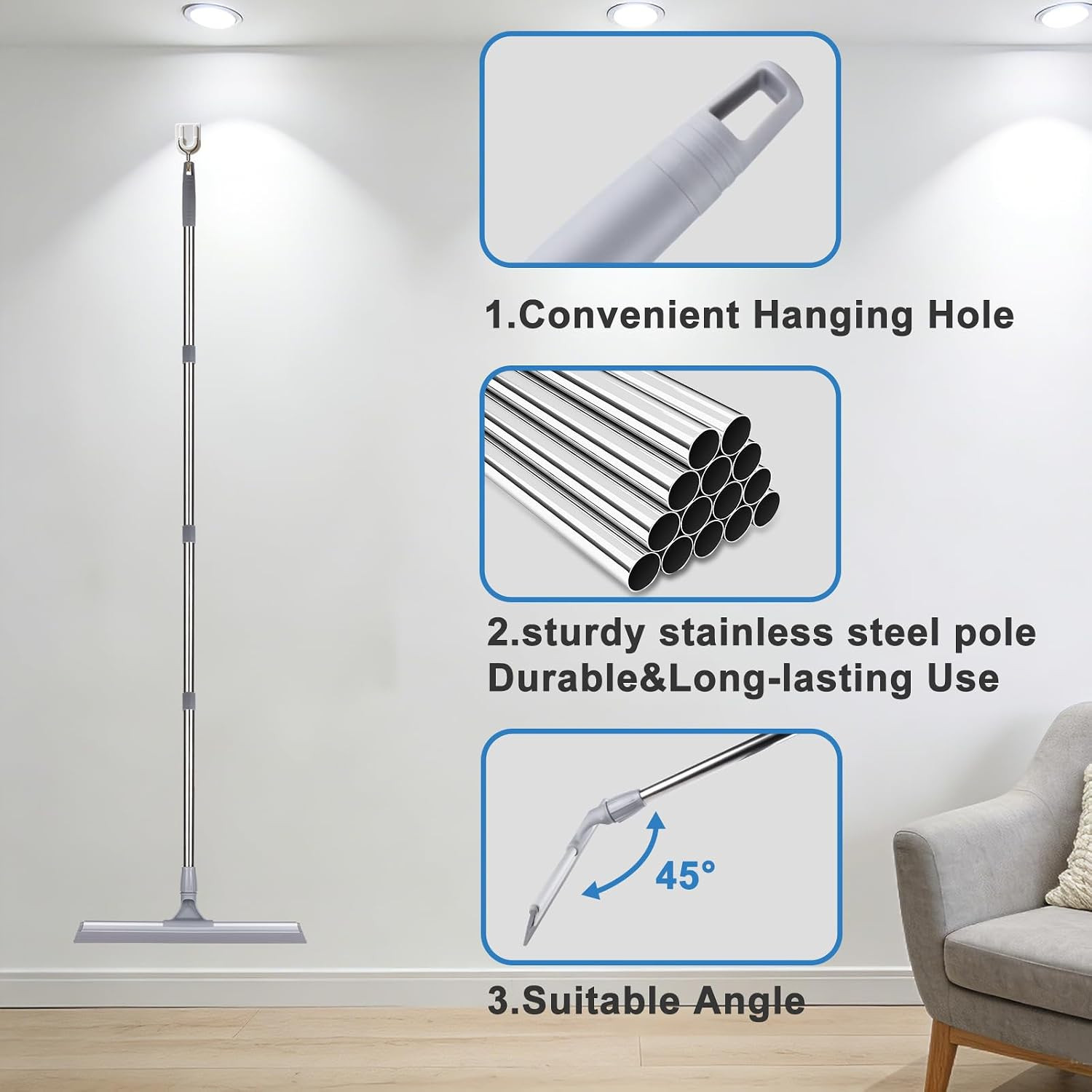 Floor Squeegee, Squeegee Broom for Floor with 62″ Long Handle, Shower Squeegee f