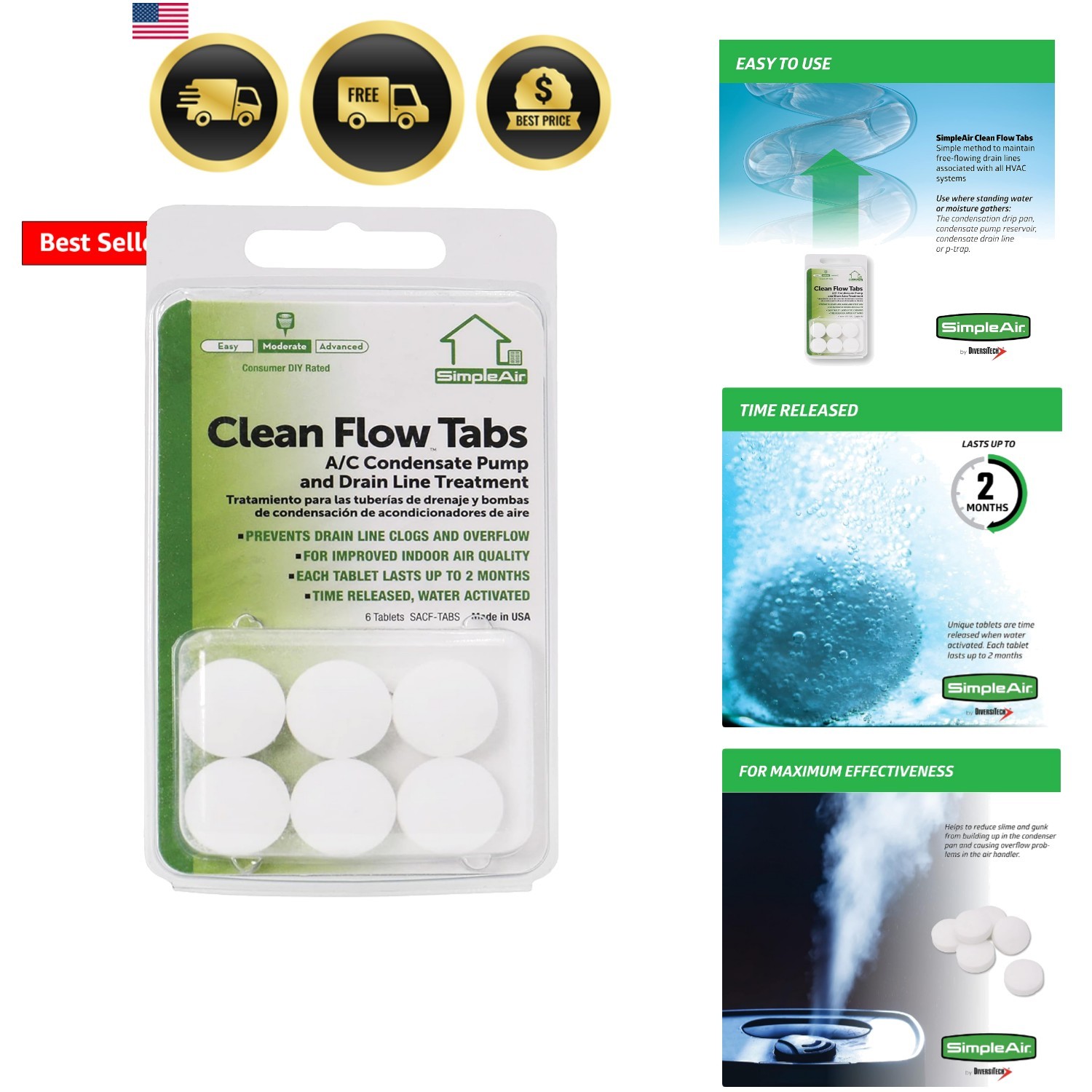 SACF Drain Line Clean Flow Tabs, for AC Units, HVAC Systems, Dehumidifiers, C…
