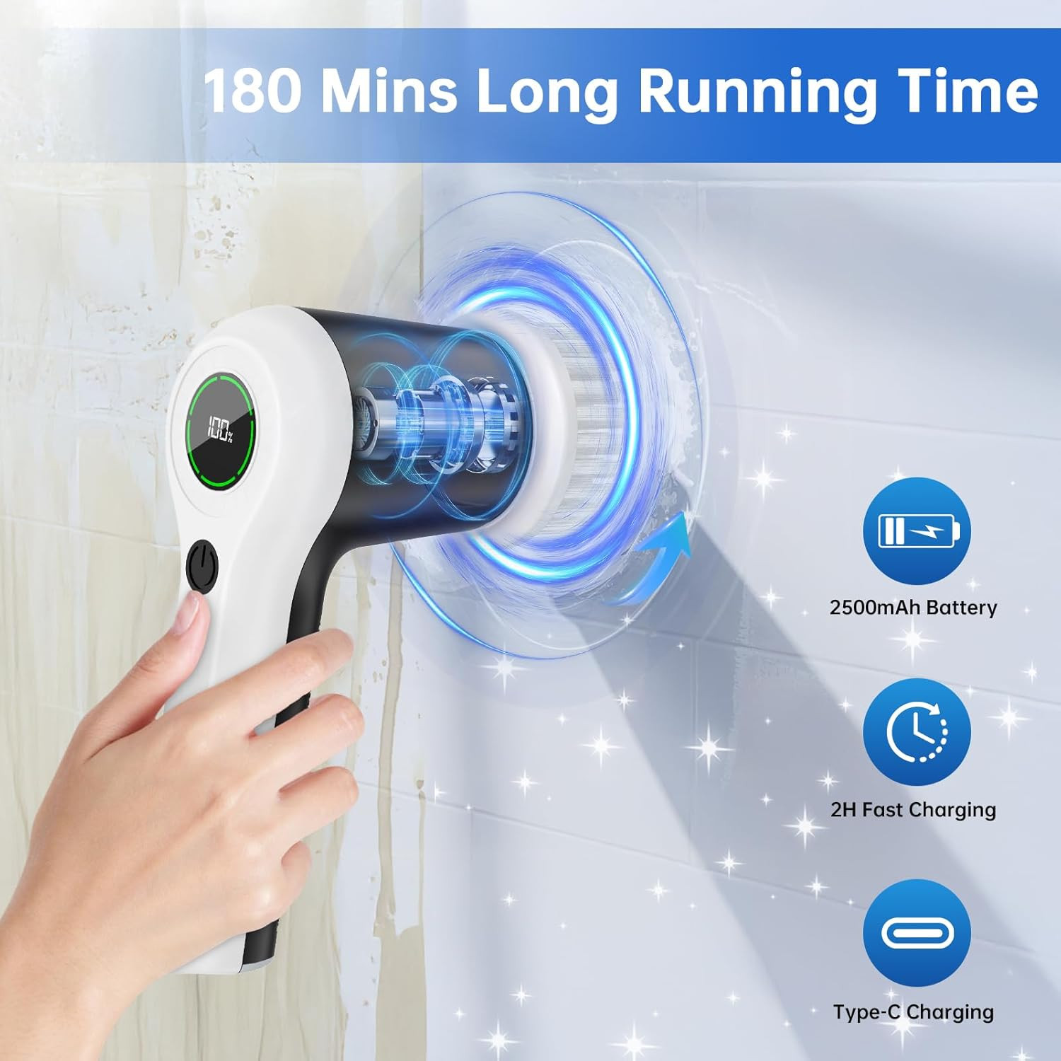Electric Spin Scrubber, Cordless Shower Scrubber with Battery Level Display, 2 S