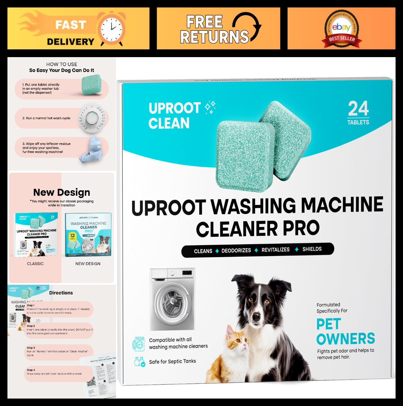 Washing Machine Cleaner Tablets – 24 Pack, Pet Safe, HE & Front Load Compatible,
