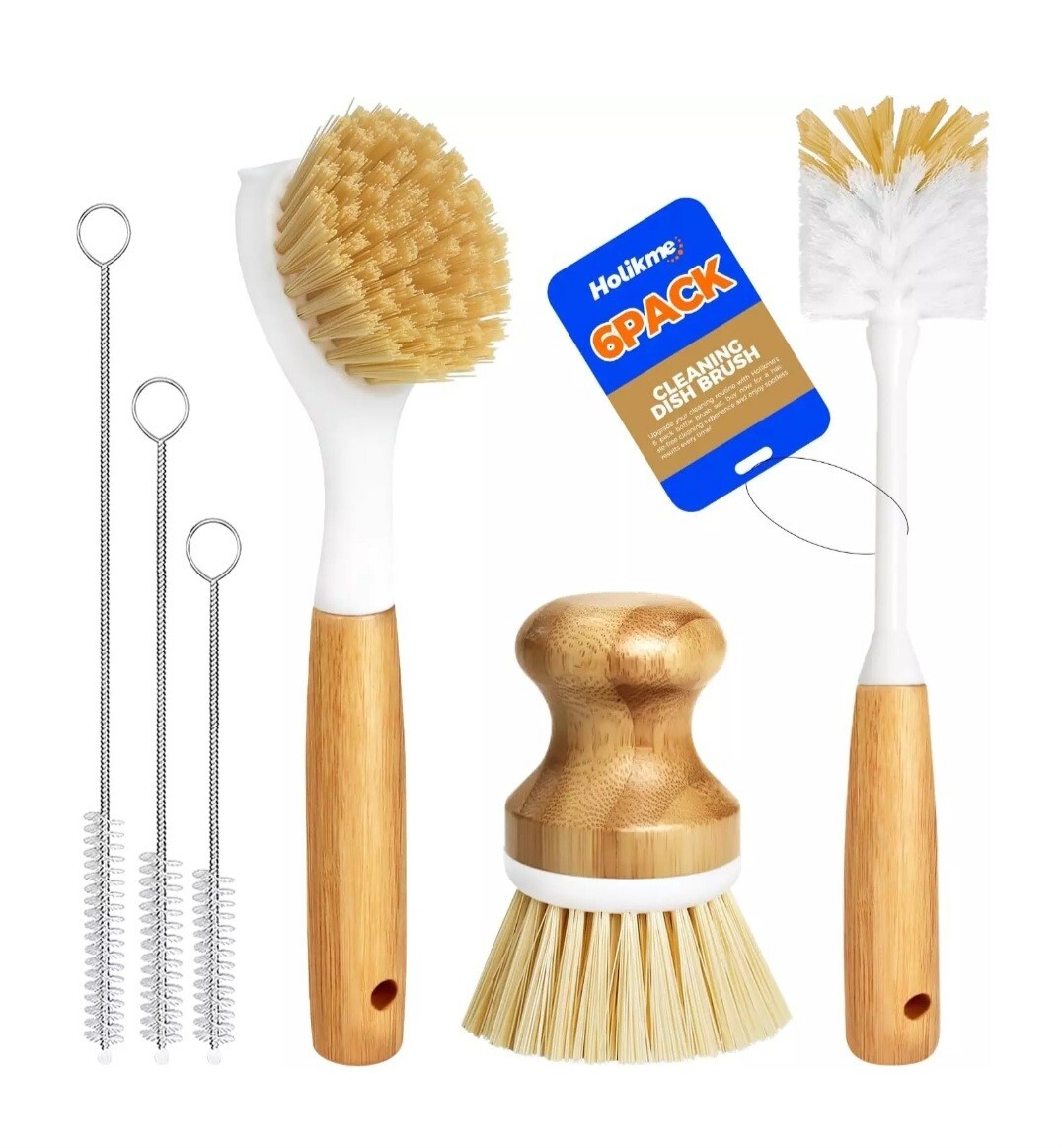 6 Pack Dish Brush Scouring Pad Set with Bottle Brush Dish Brush Palm Scrub Brush