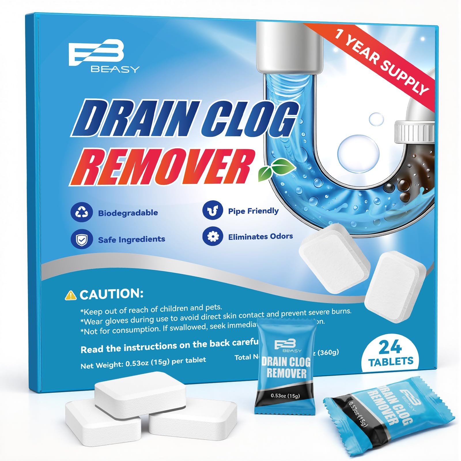 B BEASY Drain Clog Remover Tablet, 24 Count Sink Drain Cleaner, Powerful Pipe…