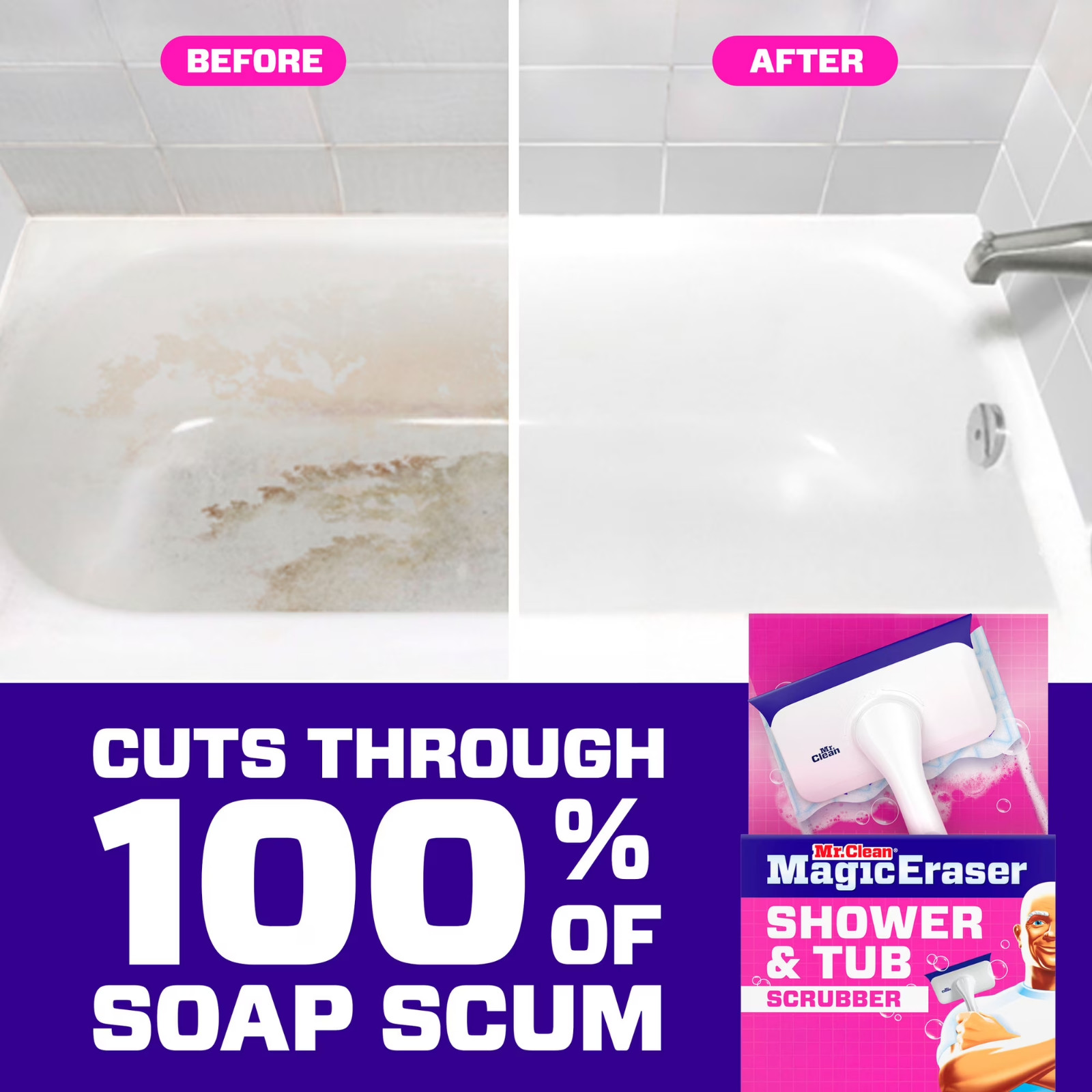 Mr. Clean Shower & Tub Scrubber, Starter Kit, 1 Scrubber & 2 Erasers