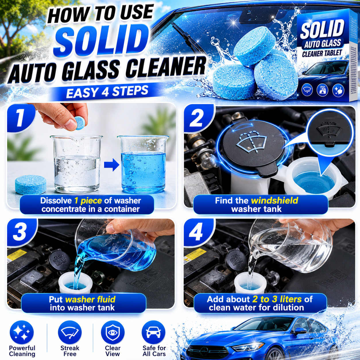 100 Car Winter Windshield Washer Wiper Fluid Concentrated Tablets Glass Cleaner