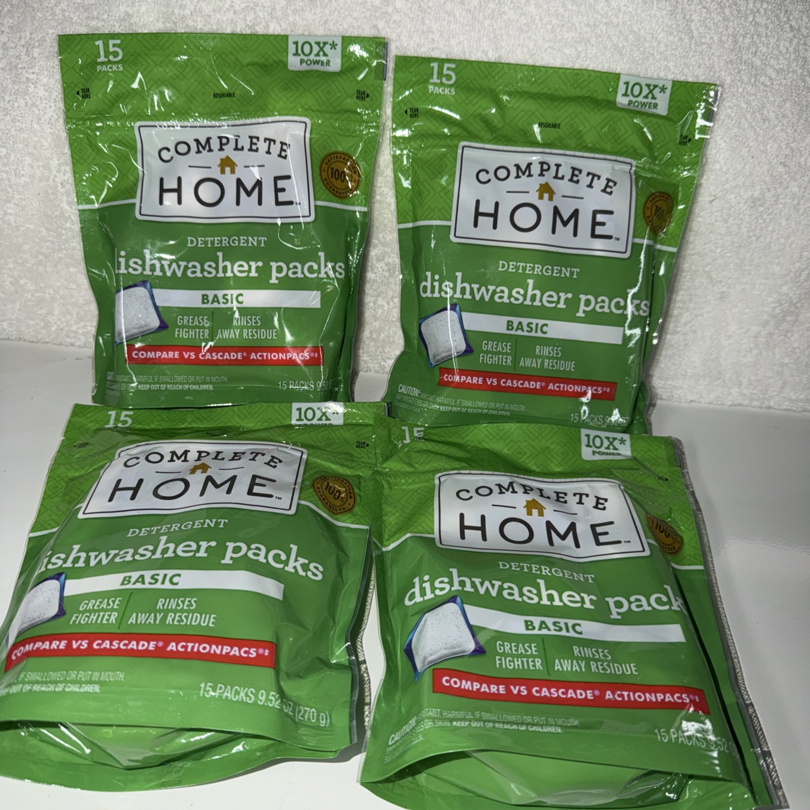 COMPLETE HOME DETERGENT DISHWASHER PACKS BASIC 15 PIECES -LOT OF 4 BAGS -NISP