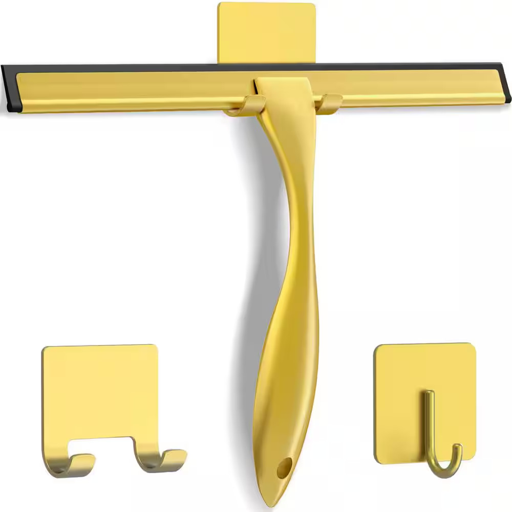 10 In. All-Purpose Stainless Steel Shower Squeegee, with 2 Adhesive Hooks for Do