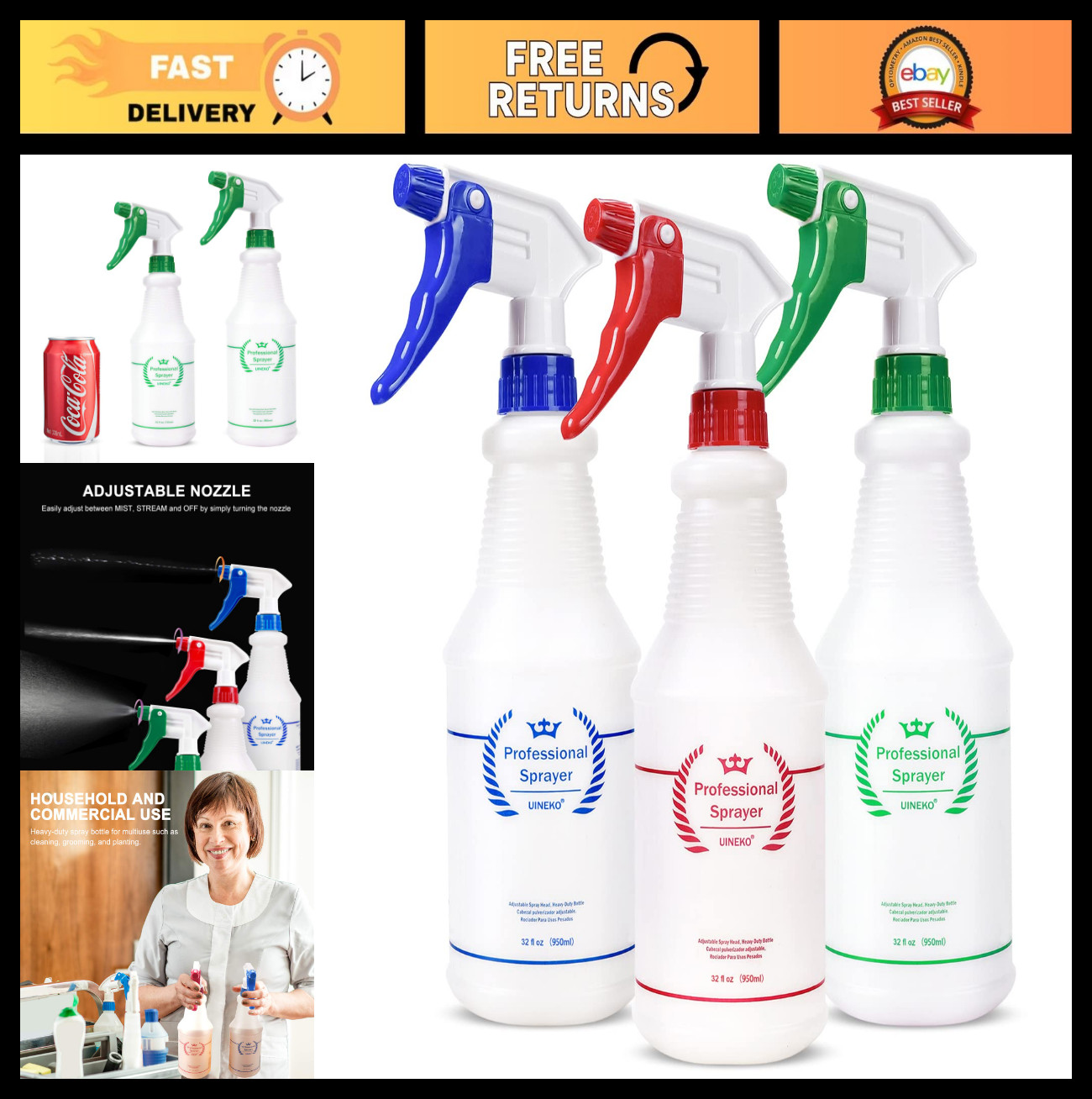 3 Pack Heavy Duty Plastic Spray Bottles 32 Oz – Leak Proof, Adjustable Nozzle fo