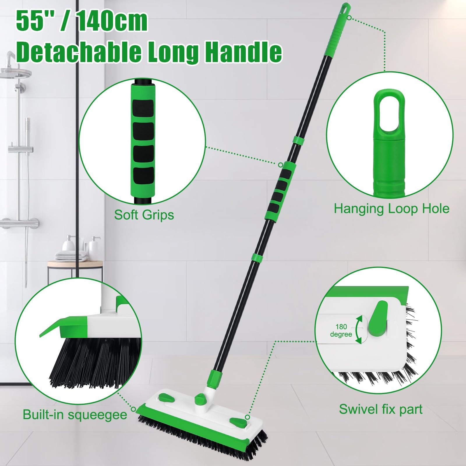 Floor Scrub Brush with Long Handle, 3-in-1 Scrape Scrubber Brush with Squeege…