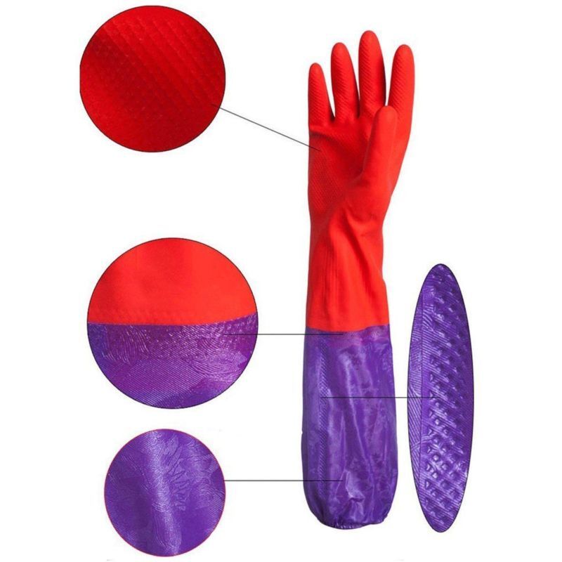 2Pairs Rubber Latex Warm Gloves Extra Long Cuff Sleeve Kitchen Dish Cleaning PVC