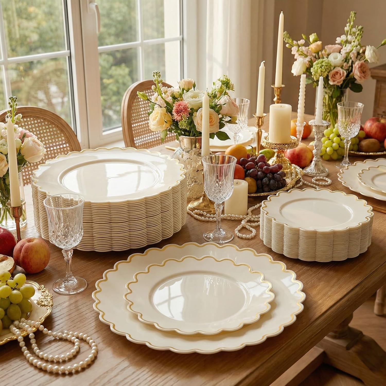 LIYH 100 Pcs Ivory and Gold Scalloped Plastic Plates – Ivory Plastic Plates In