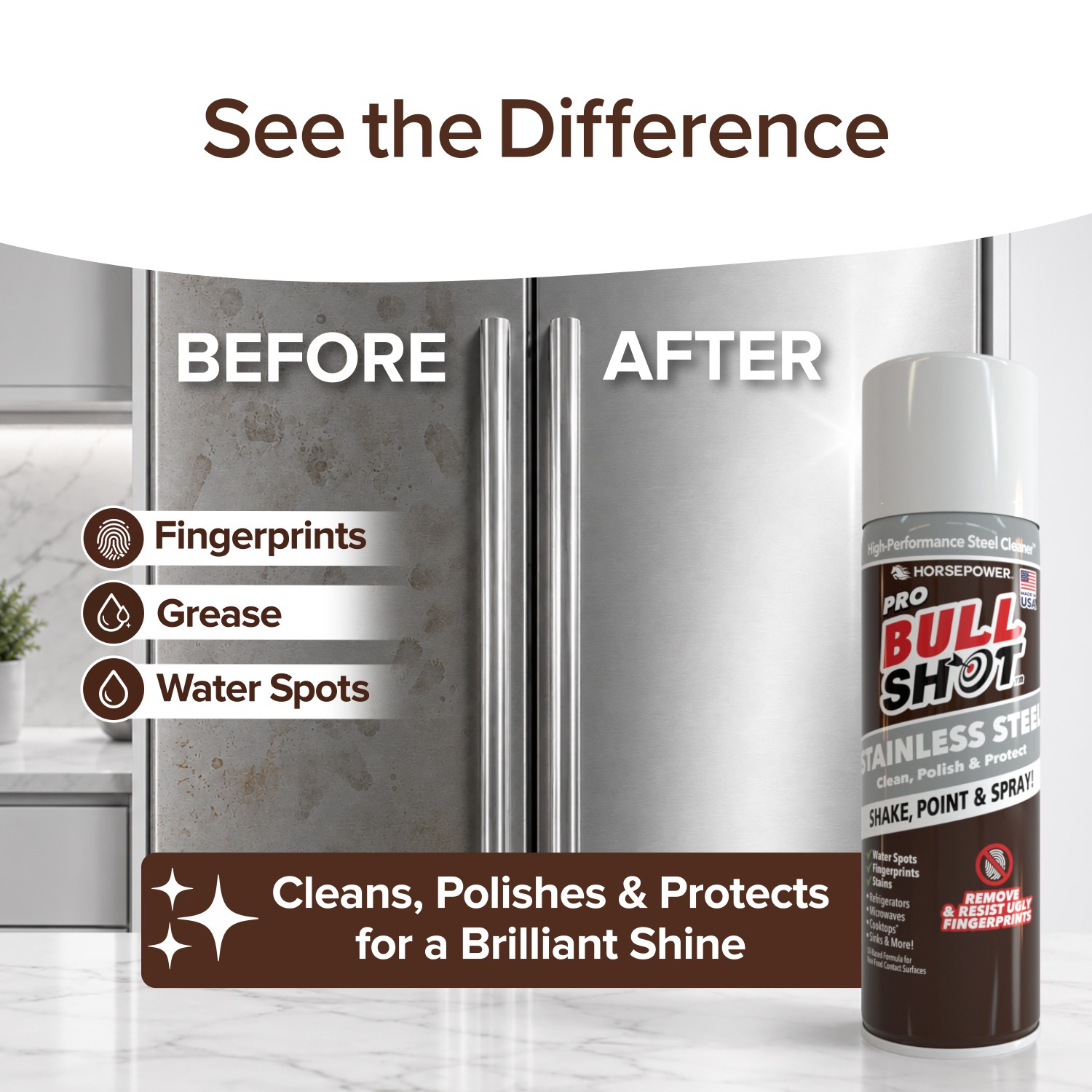 Bull Shot Stainless Steel Cleaner Spray, Cleans & Removes Greasy Fingerprints