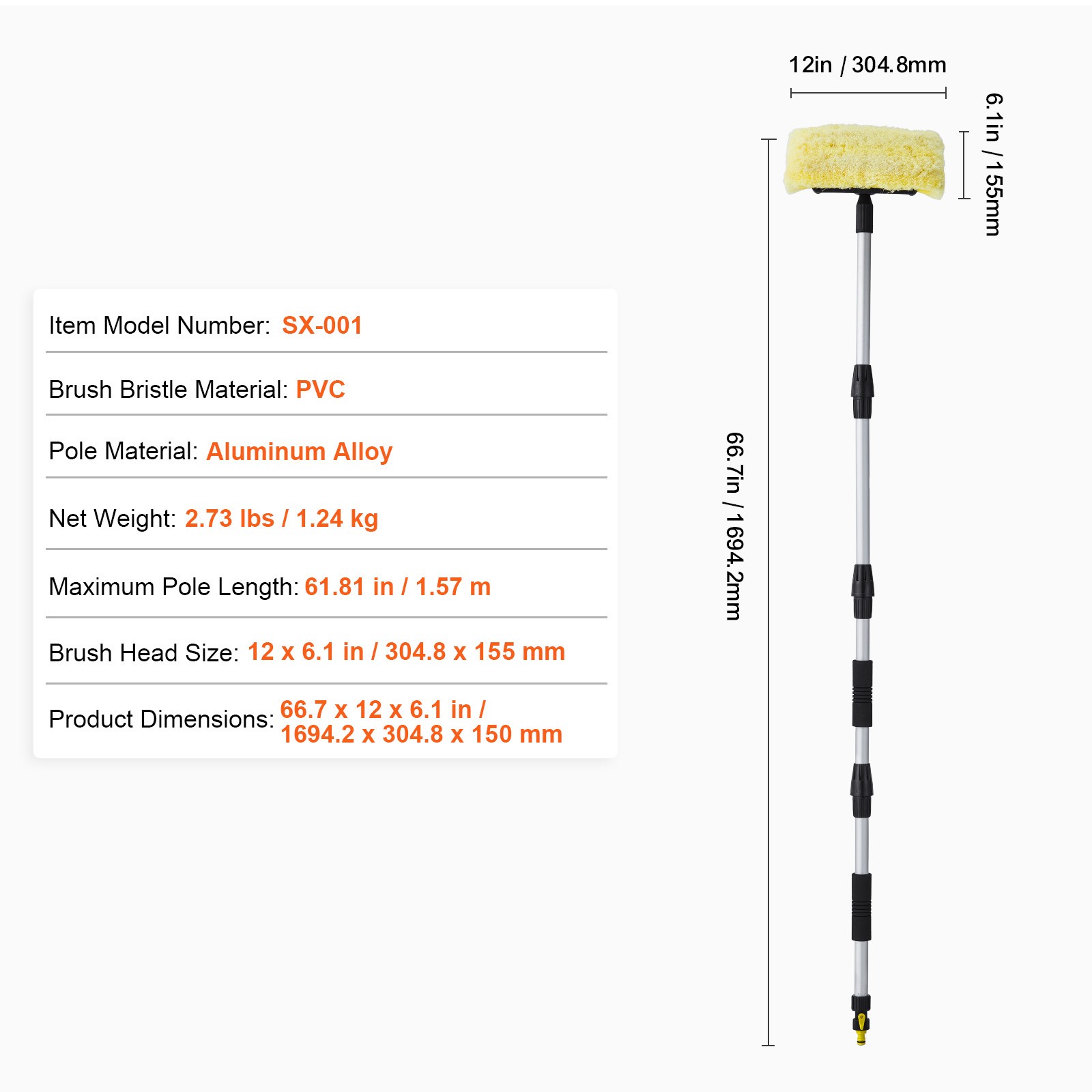 Extendable Car Wash Brush 66.7In Super Soft Bristle Telescoping Handle SUV RV