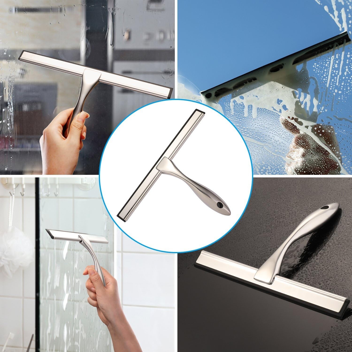 Modern Stainless Steel Shower Squeegee with 10-Inch Silicone Blade for Windows