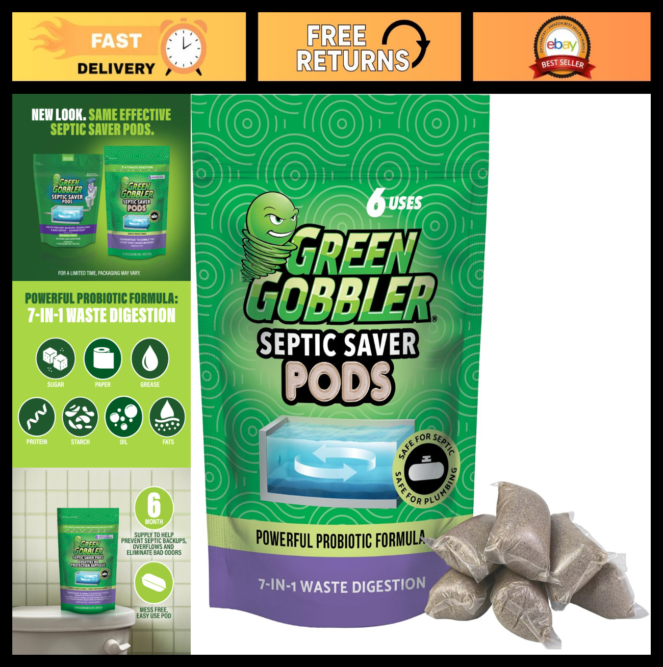 Septic Tank Enzyme Treatment Packets – 6 Month Supply, Natural Bacteria for Back