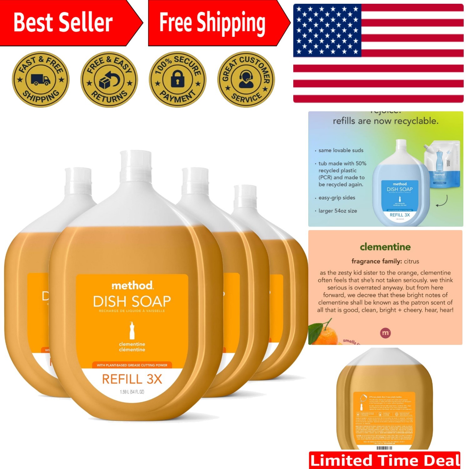 Plant-Based Gel Dish Soap Refill – 54 Oz Pack of 4, Cruelty-Free & Eco-Conscious