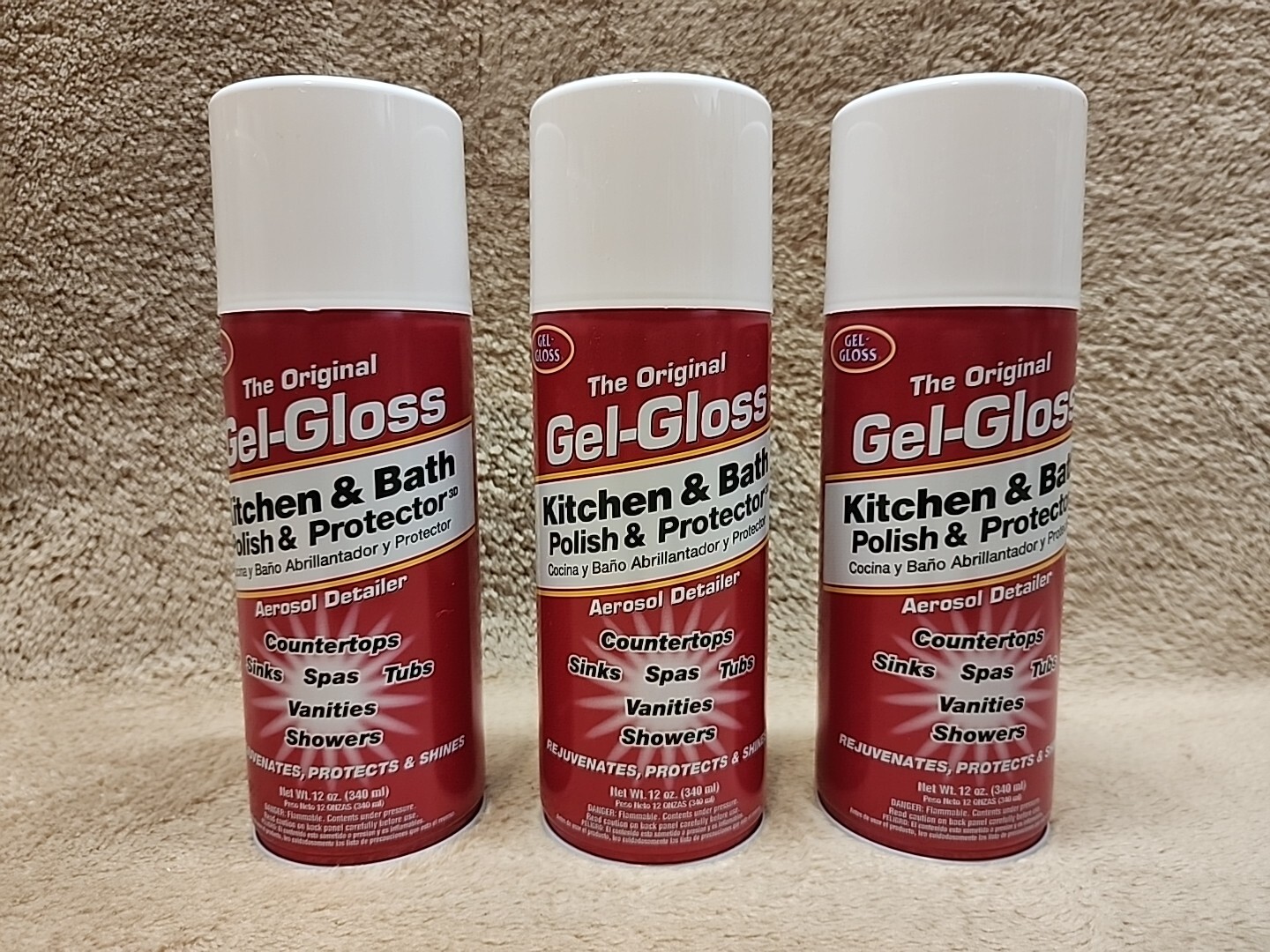 Lot of 3: Original Gel-Gloss Kitchen & Bath Polish & Protector, 12oz Aerosol Can