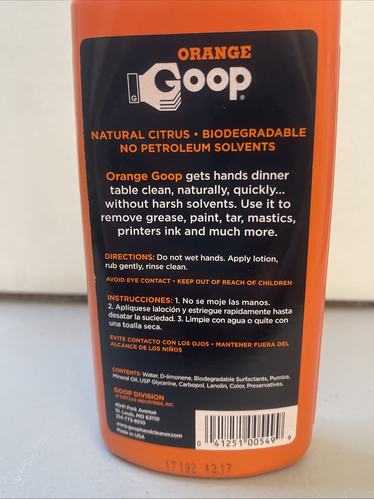 Orange Goop 549 Waterles Hand Cleaner w/Natural Citrus & Pumice 16oz. Case of 12