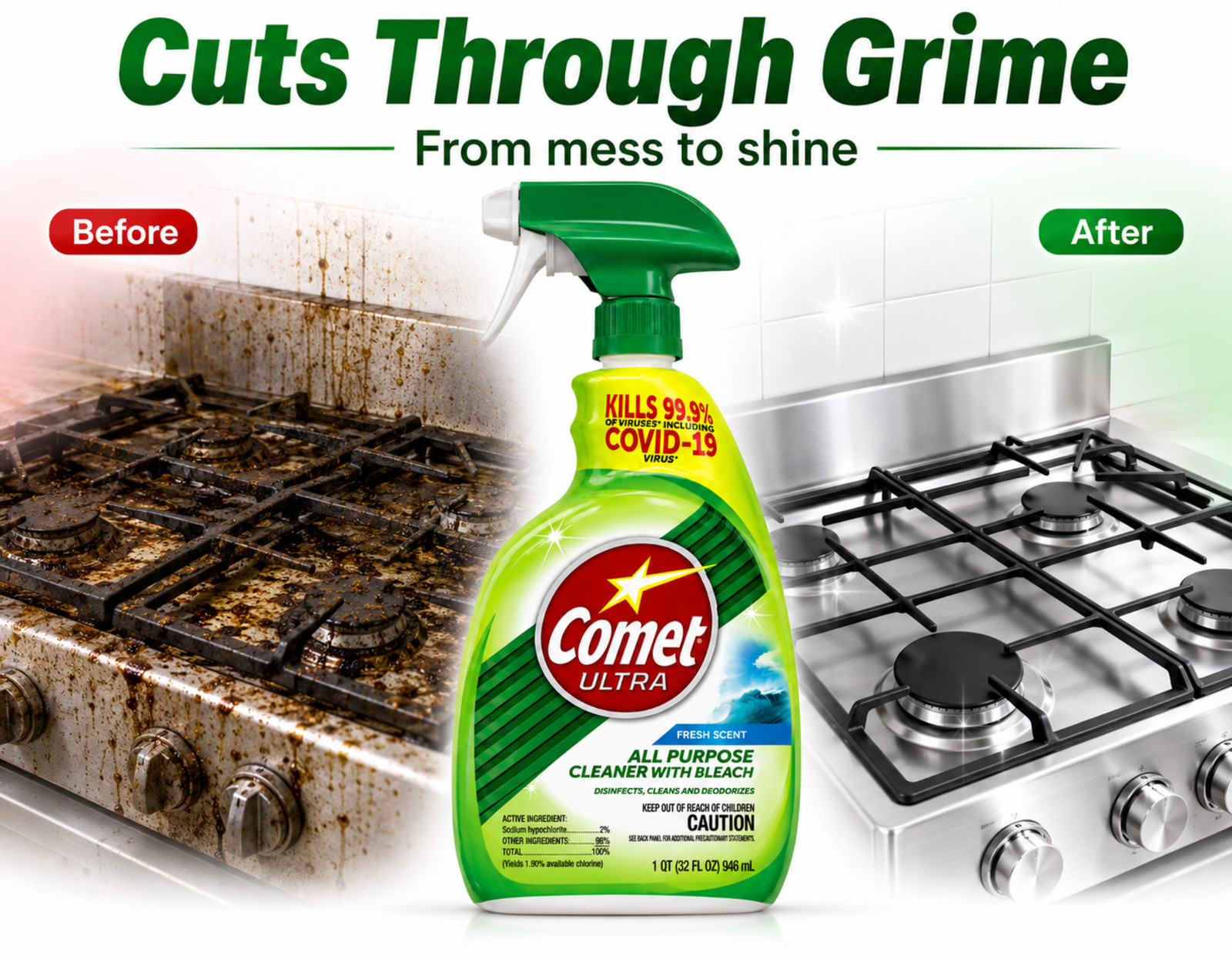Comet Ultra All Purpose Cleaner with Bleach 32oz Spray Multi Surface 2 Pack