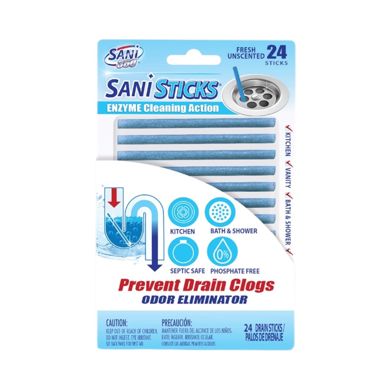 SANI 360° Sani Sticks Drain Cleaner and Deodorizer, Unscented, 24 Count