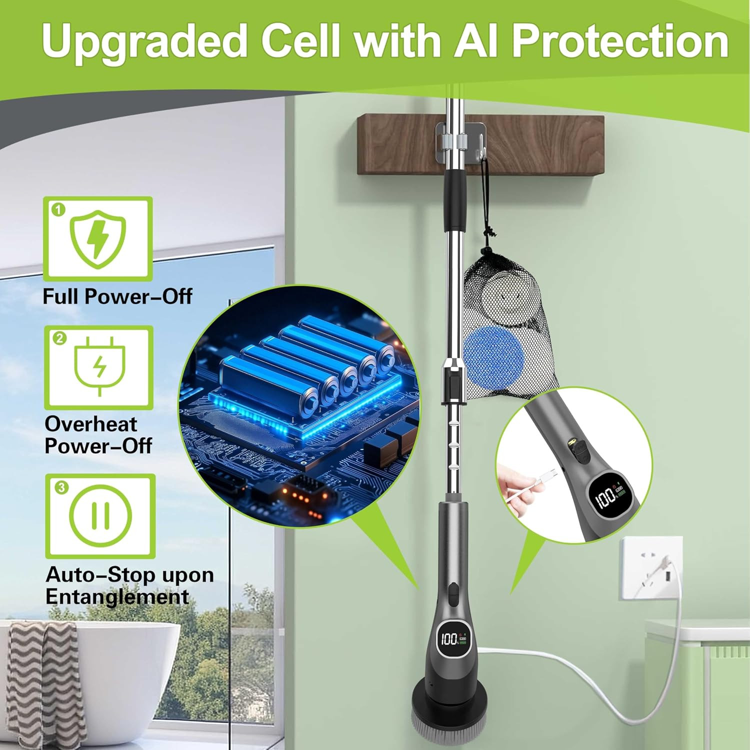 Wky-Electric Spin Scrubber – 10-In-1 Cordless Shower Scrubber & Cleaning Brush w