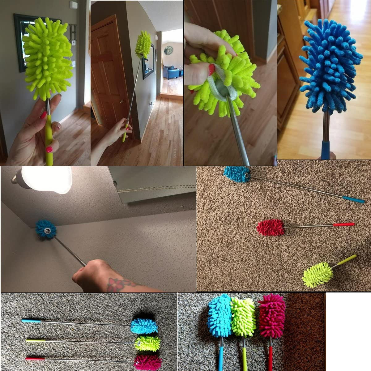 3 Pack Retractable Microfiber Dusters Extendable 11-30in Blue Red Green[1][2][3]