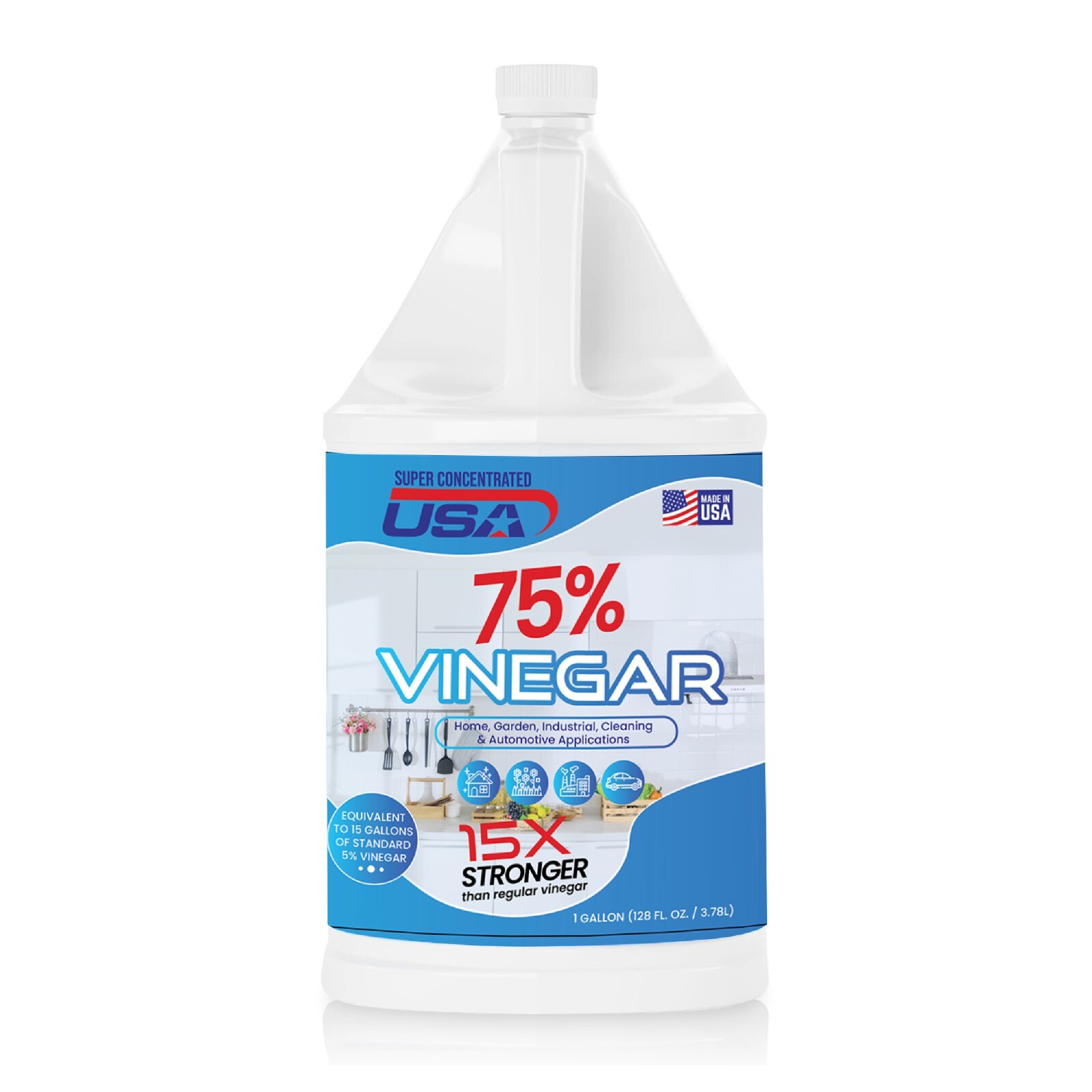 Super Concentrated USA 75% Pure Vinegar – Dilutes to 15 Gallons – 15x Power