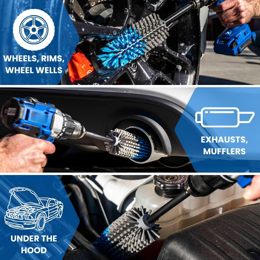 Long Reach Drill Brush Attachment, All Purpose for Car Tires, Wheels, Wheel Well