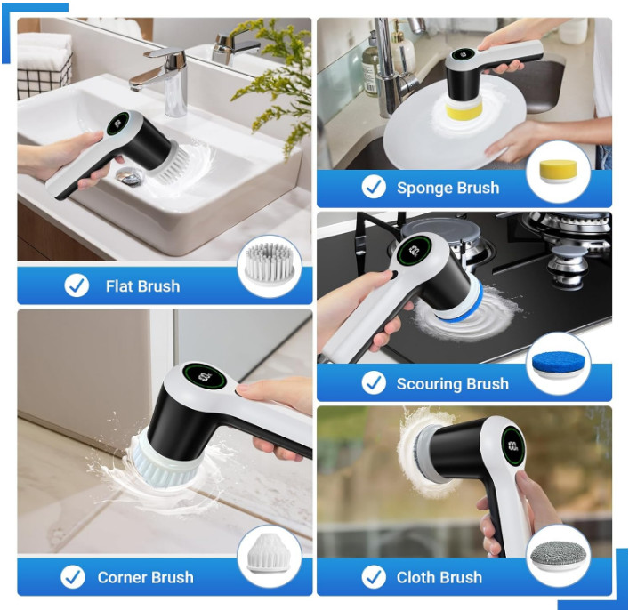 Electric Spin Scrubber, Cordless Cleaner with 6 Heads for Bath/Sink/Window