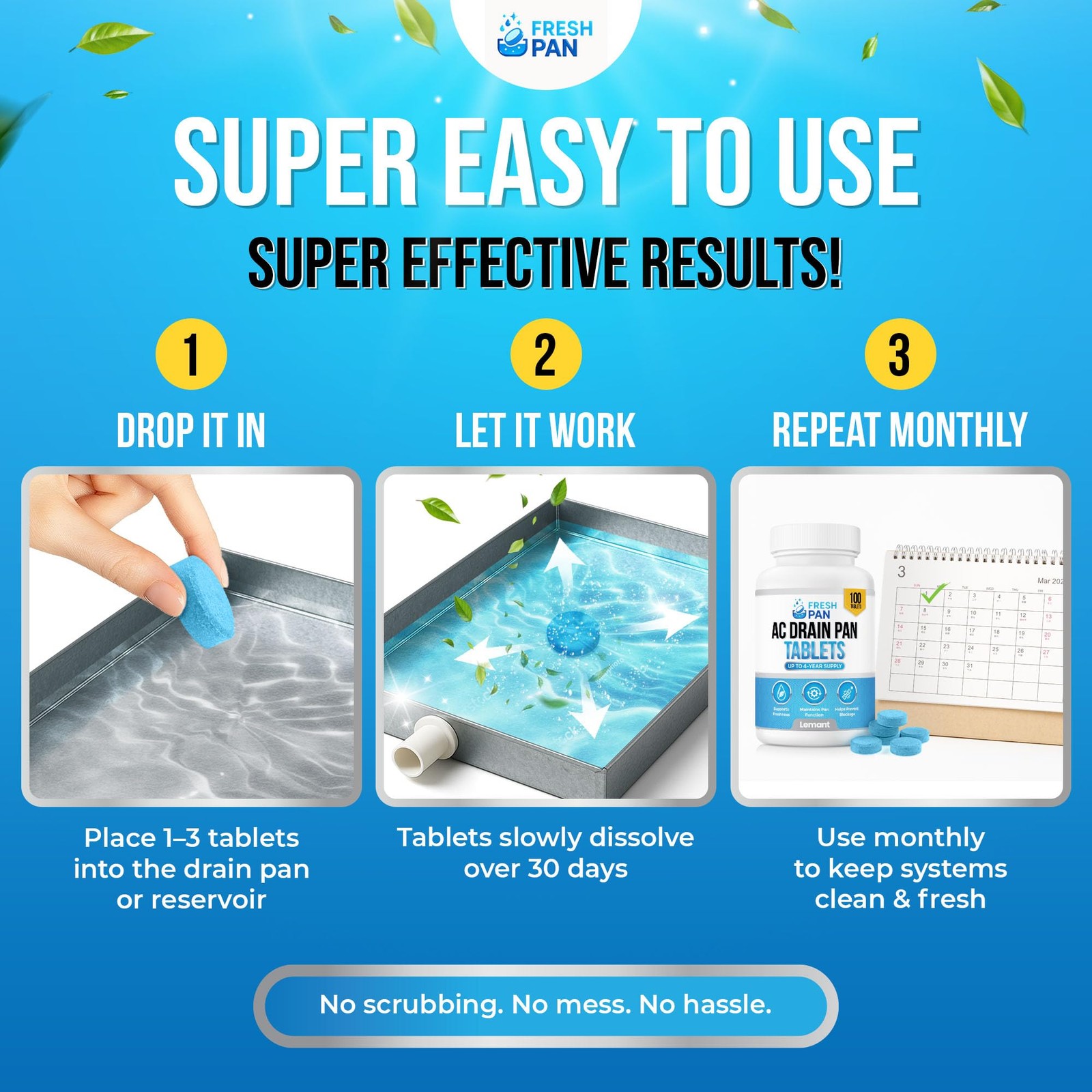 AC Drain Pan Tablets – 100 Count for Clean, Fresh Condensate Flow, 4-Year Supply