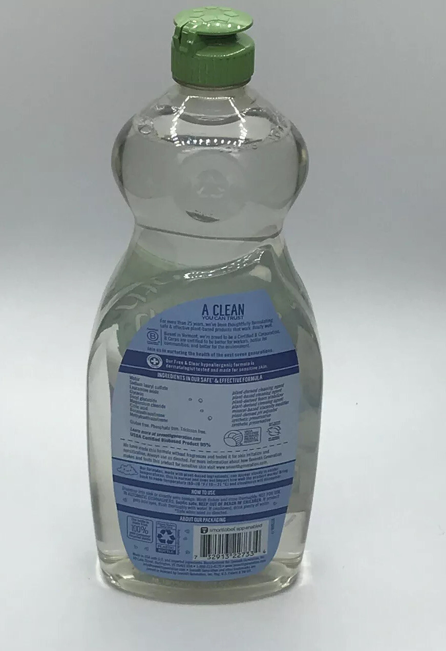 Seventh Generation Free And Clear Dish Liquid Soap. 25 Fl Oz . New