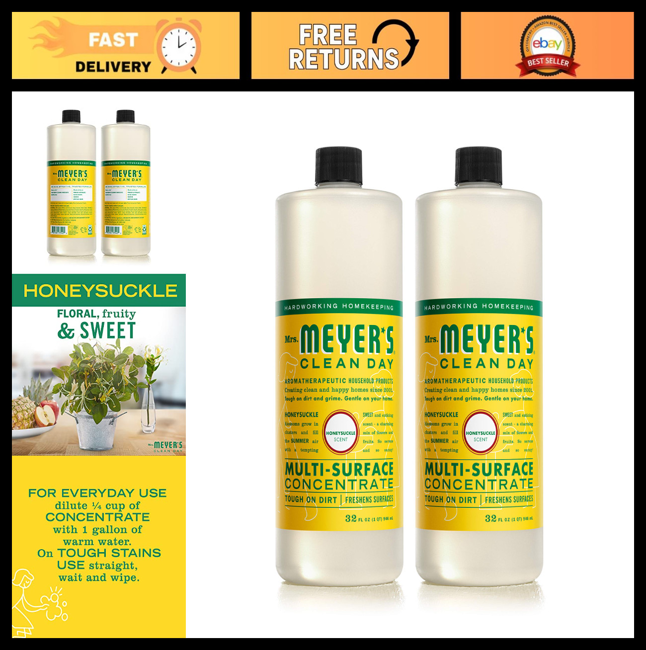 Multi-Surface Cleaner Concentrate – Honeysuckle Scent, 32 Fl Oz, Pack of 2 – Cle