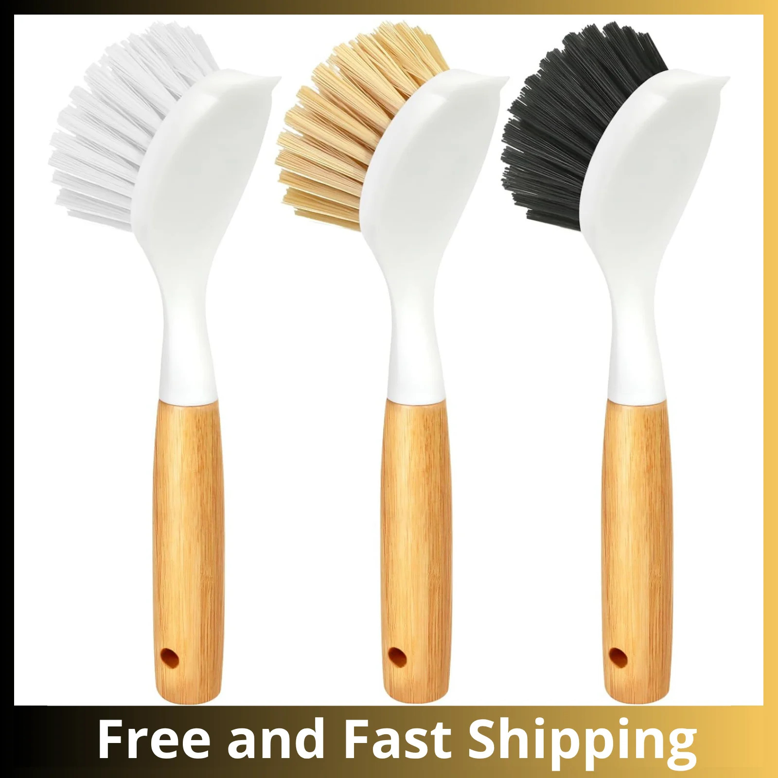3 Pack Dish Brush Set with Bamboo Handle, Kitchen Brushes for Cleaning Pot, Sink