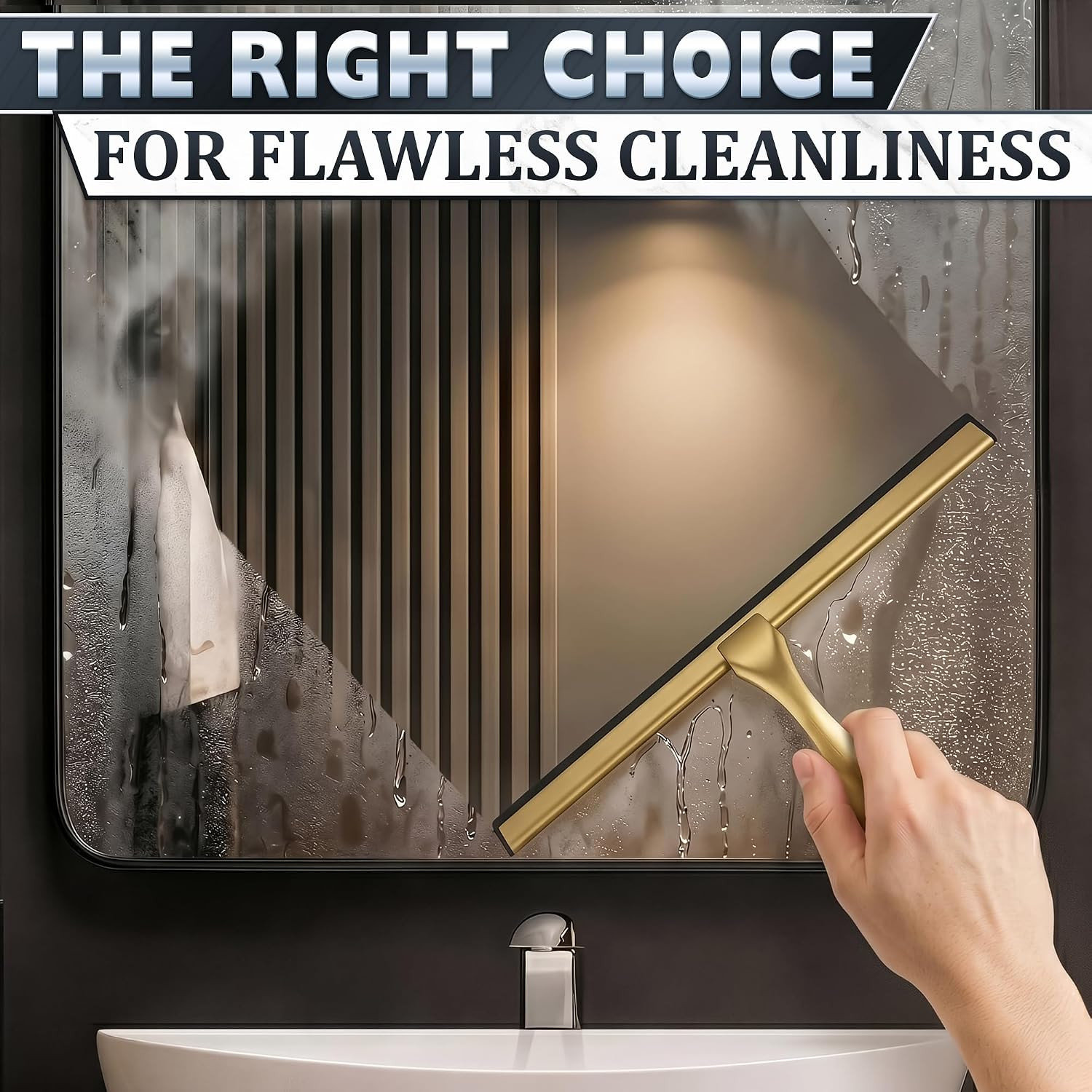 Shower Door Squeegee with Hook – 14″ Silicone Blade, Stainless Steel Gold Squeeg