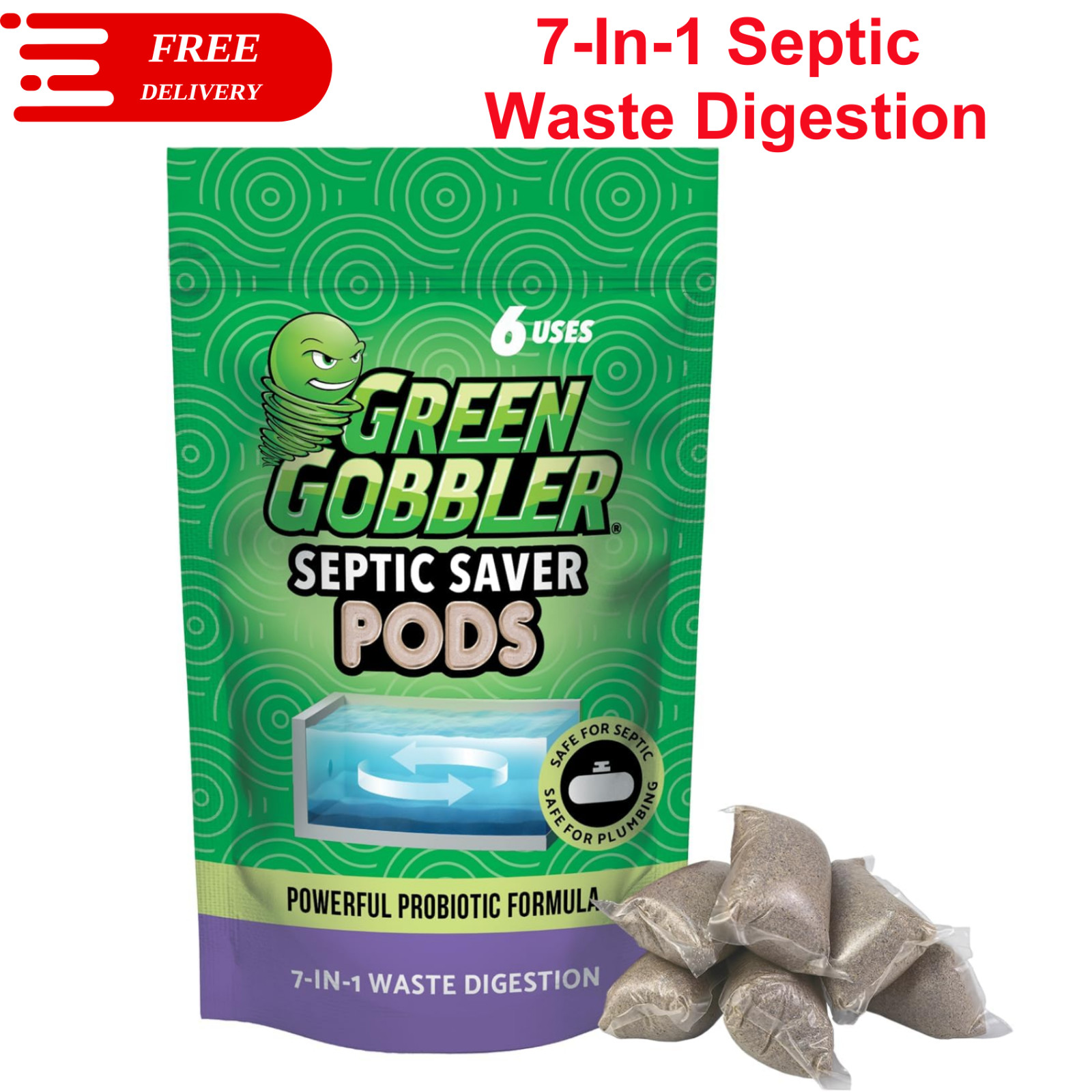 Green Gobbler Septic Tank Enzyme Treatment Packets, 6 Month Supply – Unscented