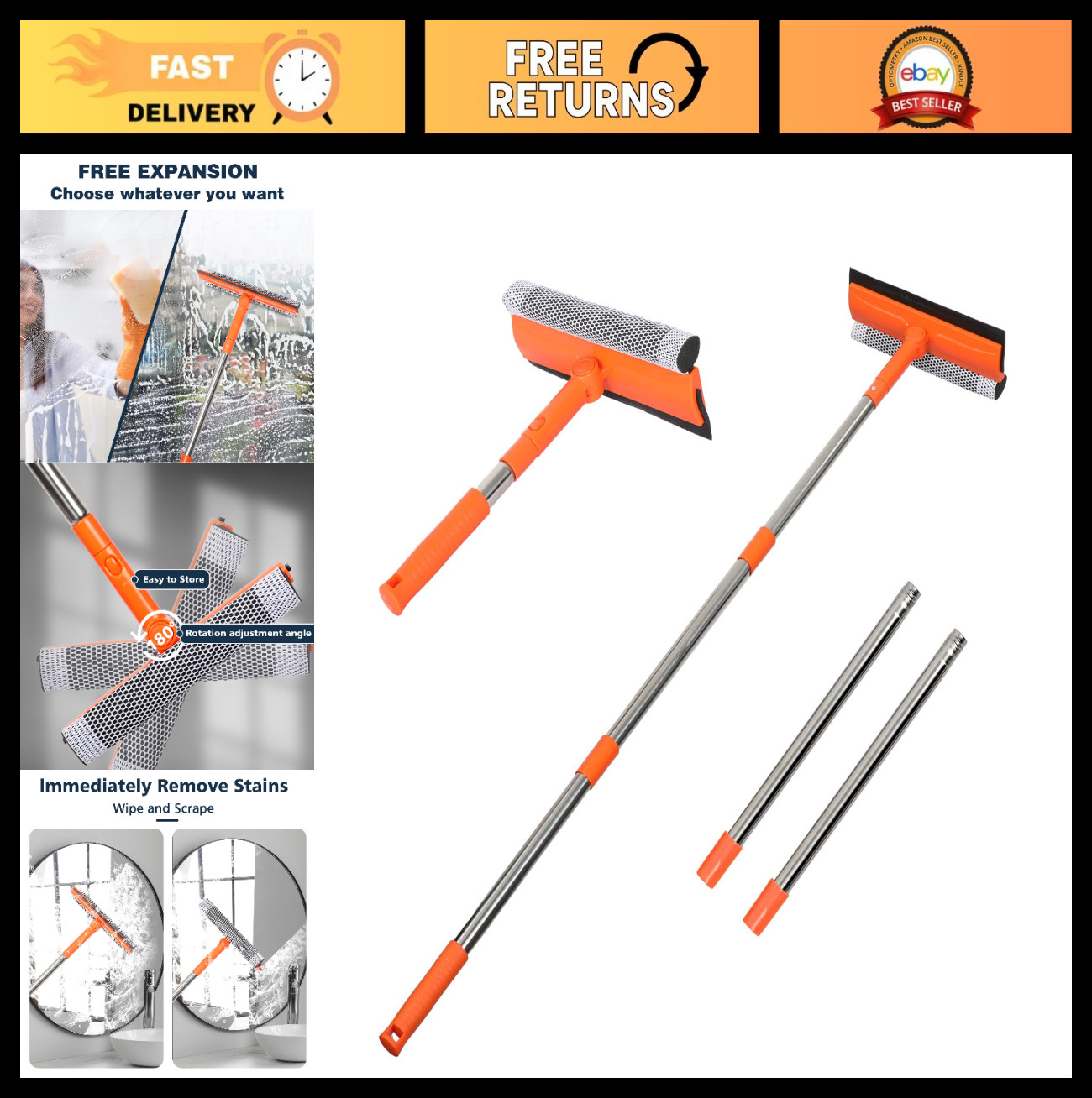 2-in-1 Window Squeegee Cleaner with Long Handle, Glass & Shower Sponge Tool