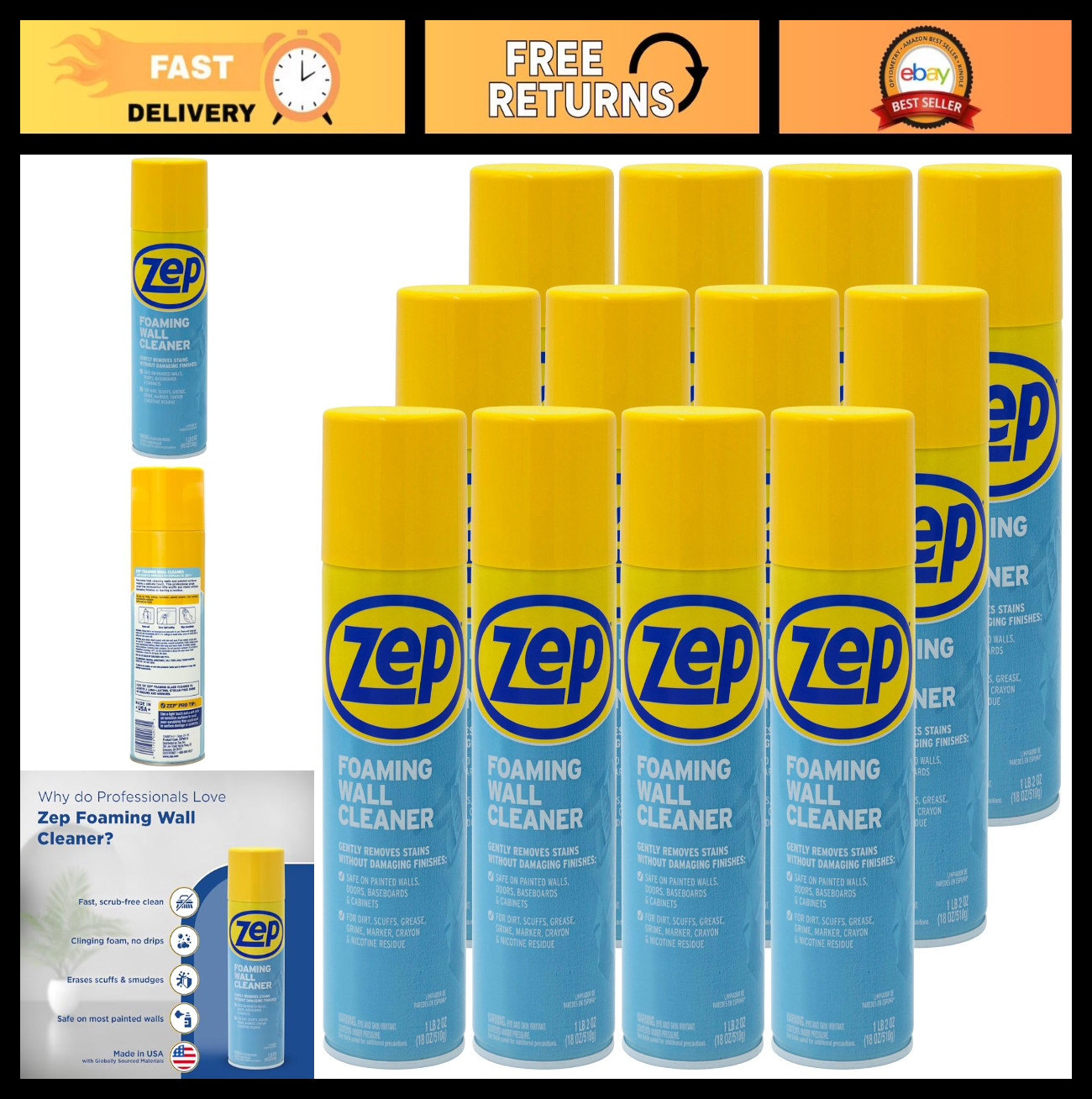 Foaming Wall Cleaner Spray – 18 oz (Case of 12) – Stain Remover, Scrub-Free, Saf