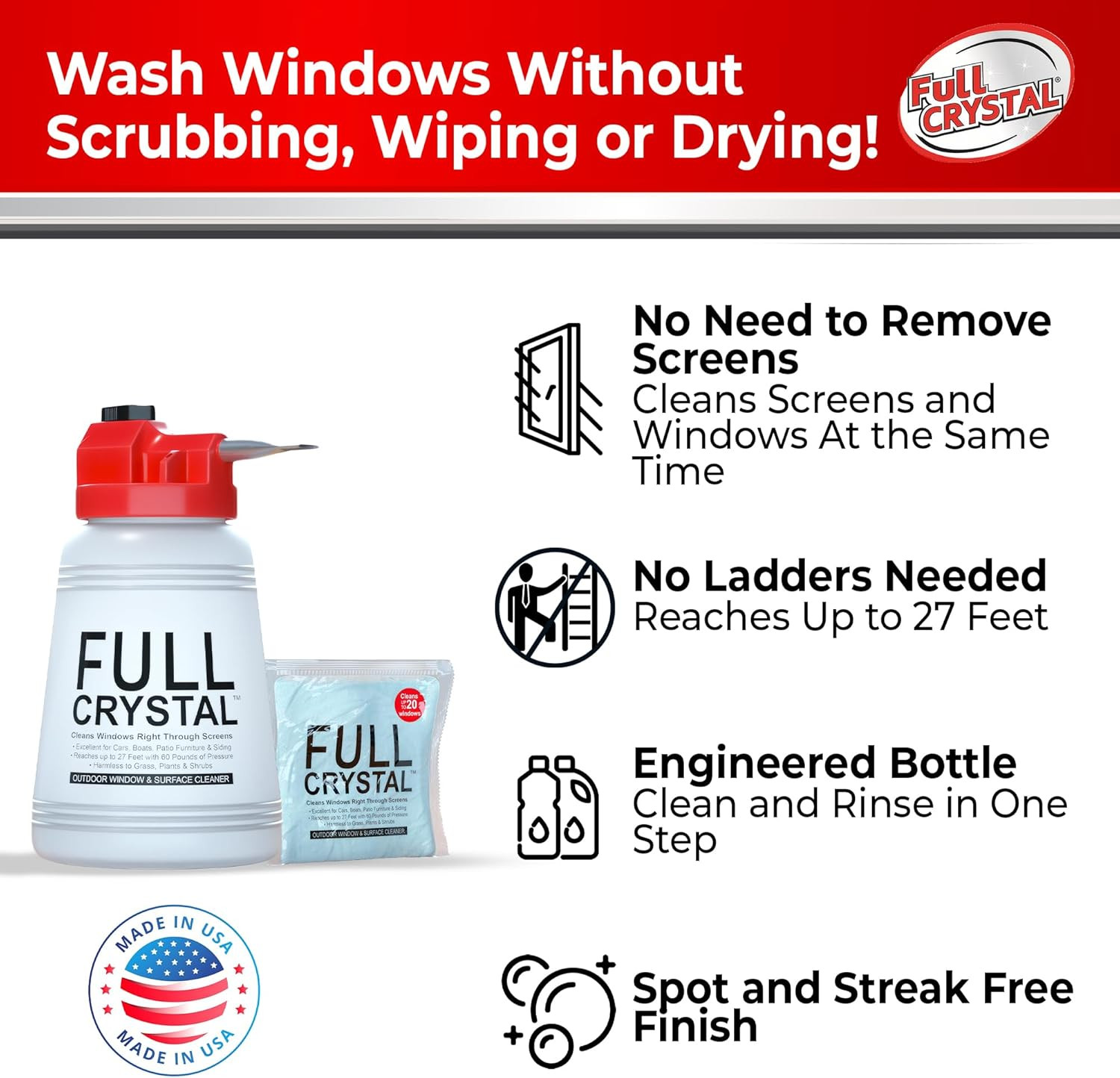 Full Crystal Window Cleaning Kit – 4 Oz Glass Cleaner and Bottle with 27 Ft Reac