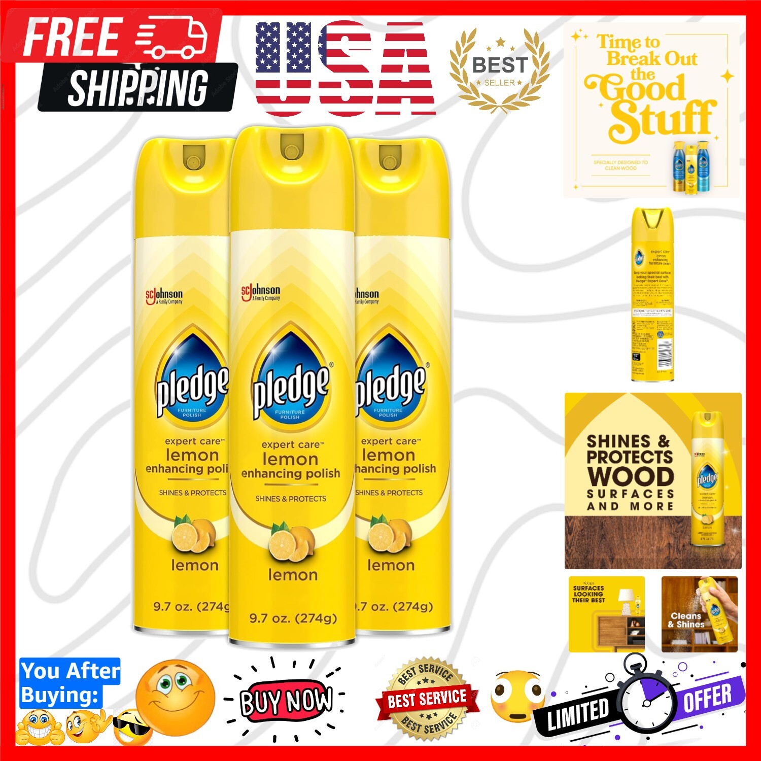 Pledge Enhancing Polish, Furniture & Wood Spray, Lemon Scent, 9.7oz (Pack of 3)