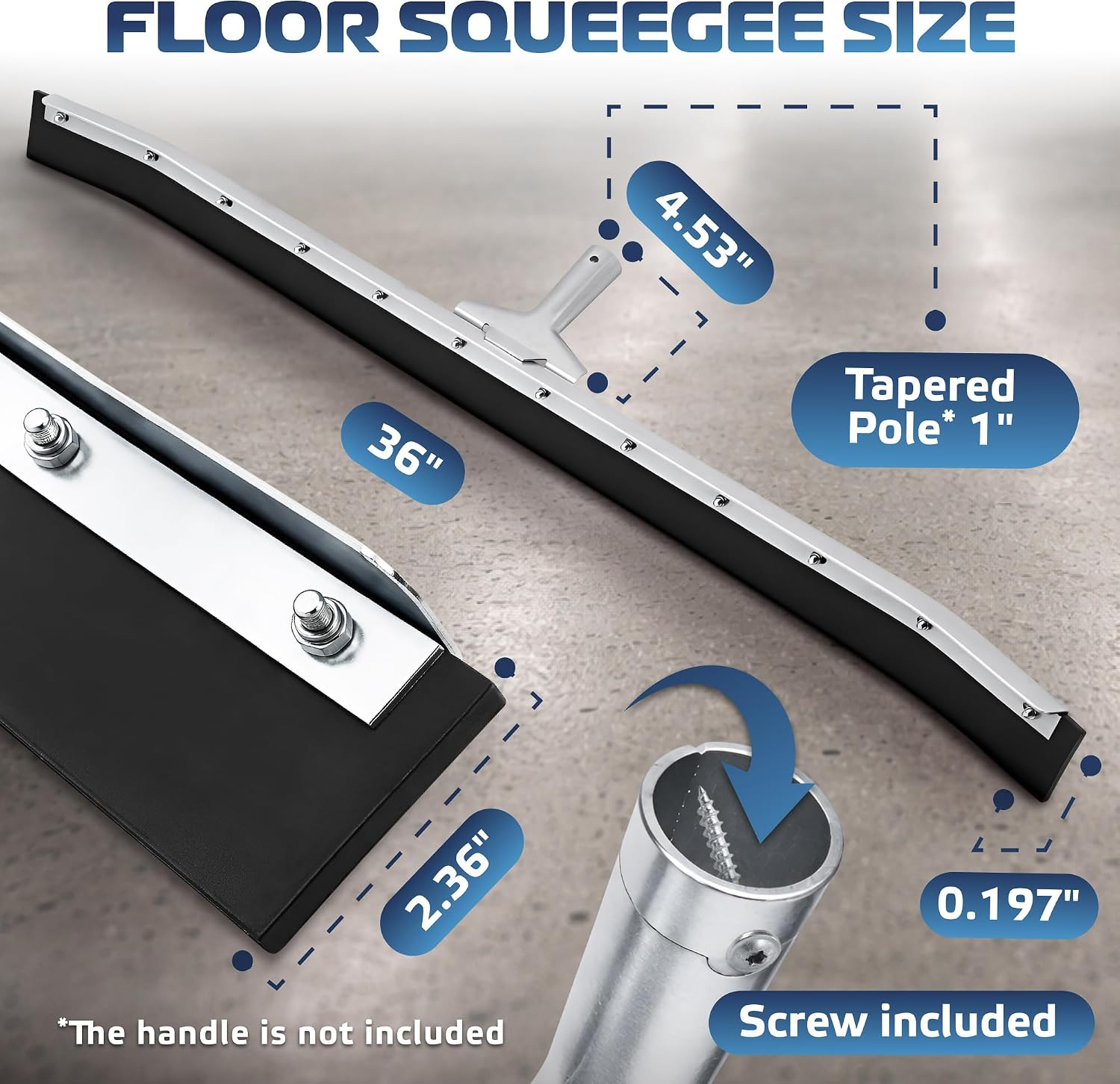 36” Curved Floor Squeegee with Rubber Blade for Tiles, Concrete, Asphalt